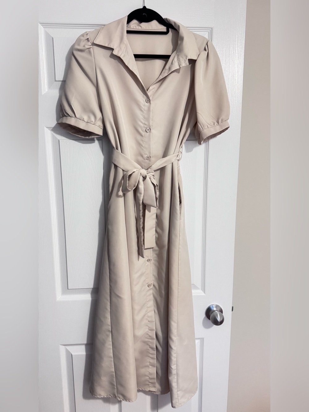 SHEIN Neutral Beige Button-Front Maxi Dress with Tie Waist